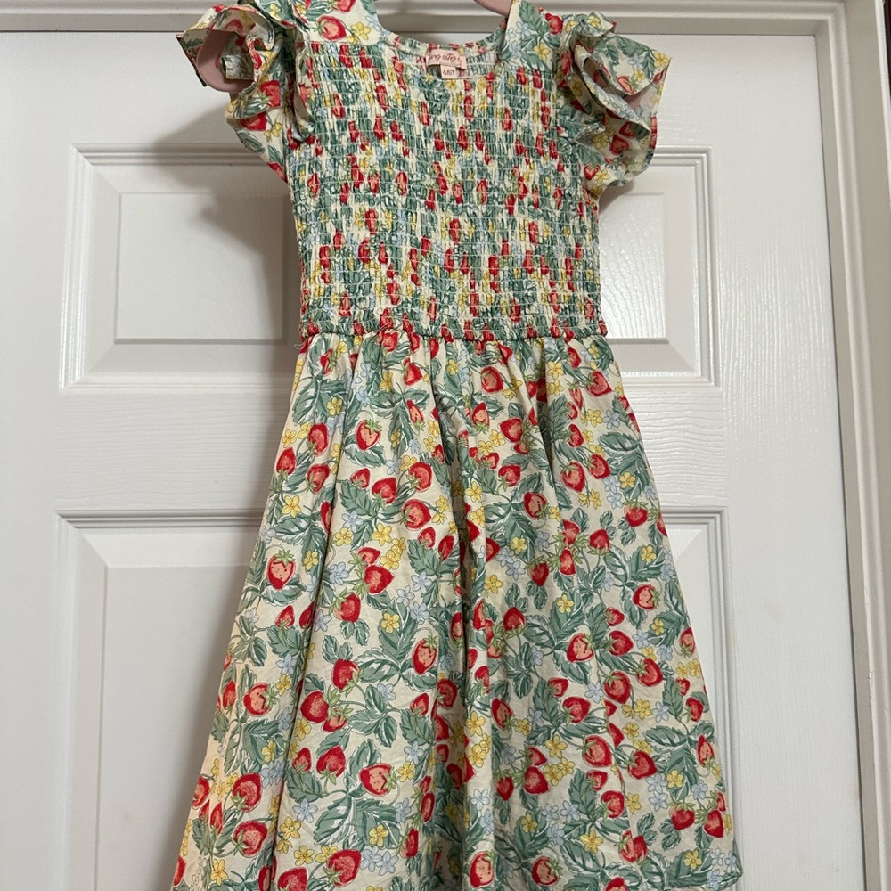 Ivy City Co mini Hattie strawberry Smocked Dress with Green Leaves